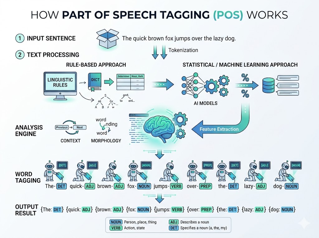 Modern educational infographic showing six pastel-colored cards in a 2-row grid, each illustrating examples of Natural Language Processing (NLP). The cards include AI-powered NLP examples such as search engines, autocomplete, autocorrect, spam filters, an