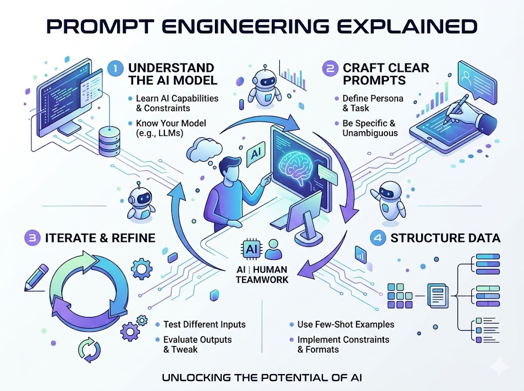 Clean educational infographic with eight pastel-colored cards arranged in a two-row grid on a white background. Each card features a flat icon, bold heading, and short text about AI-powered visual creation, design efficiency, consistency, artistic styles,