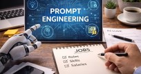 Infographic explaining Prompt Engineering with a clean white background and modern tech-style design. The visual shows how prompts interact with AI models through a step-by-step workflow: prompt input, AI processing, and generated output.