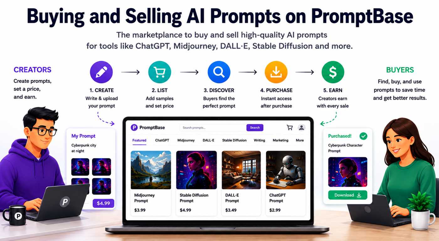 Infographic showing how PromptBase works as an AI prompt marketplace where creators list prompts for tools like ChatGPT, Midjourney, DALL·E, and Stable Diffusion, while buyers discover, purchase, and download prompts through a step-by-step workflow.