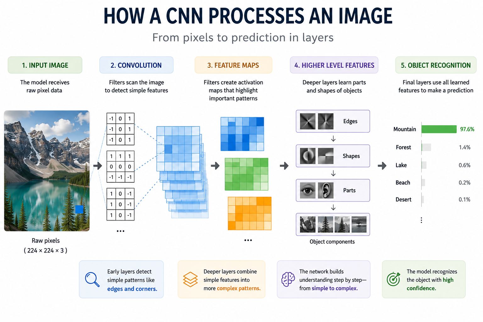 CNN image processing workflow infographic showing how a Convolutional Neural Network transforms an input image into feature maps, higher-level features, and final object recognition through multiple neural network layers.