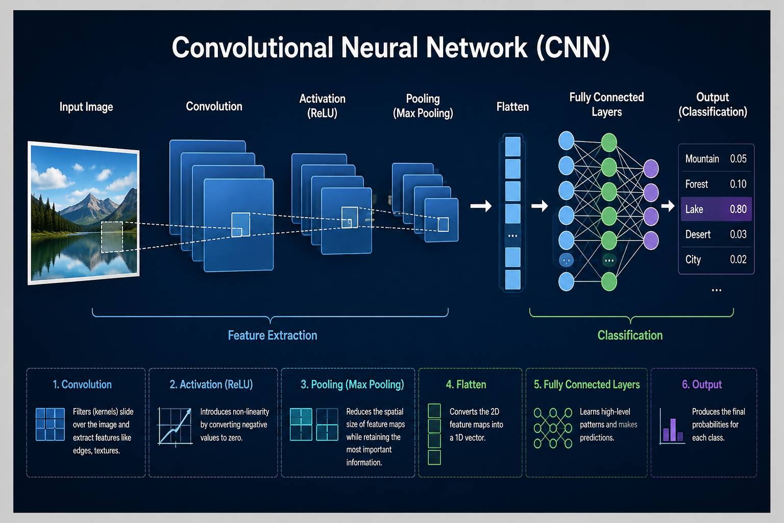 Infographic illustrating the workflow of a Convolutional Neural Network (CNN), showing an input image passing through convolution, ReLU activation, max pooling, flattening, fully connected layers, and output classification, with brief explanations of each