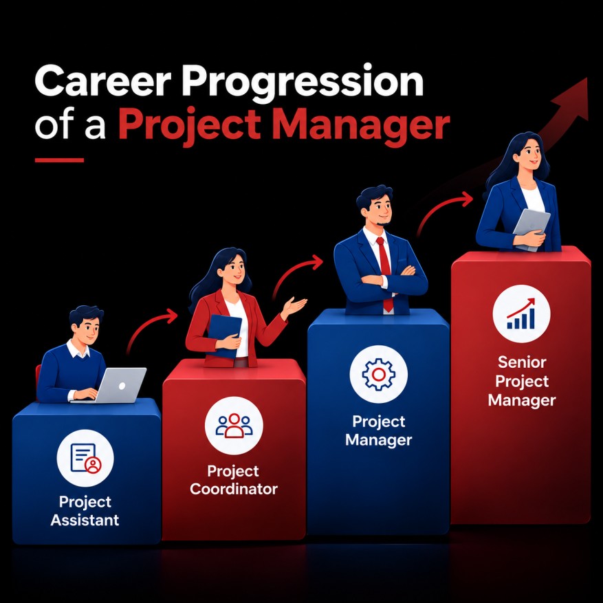 Career progression of a project manager from Project Assistant to Project Coordinator, Project Manager, and Senior Project Manager.