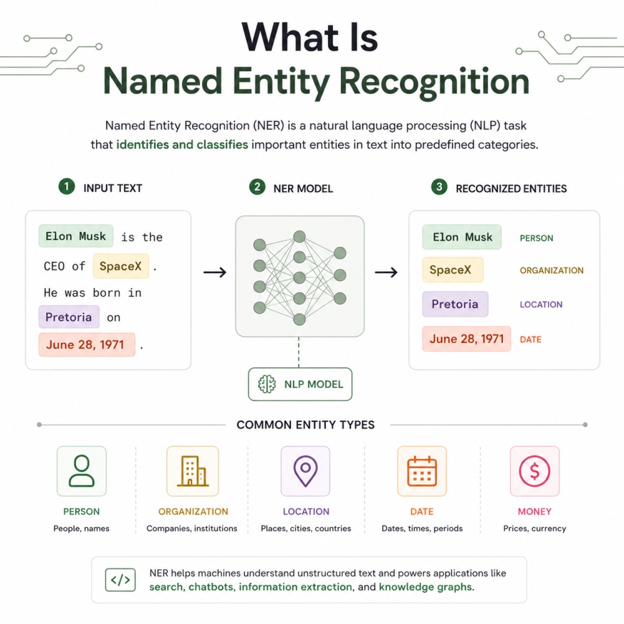 Infographic explaining Named Entity Recognition (NER) in natural language processing. The design shows how an NLP model identifies entities like people, organizations, locations, and dates from input text.