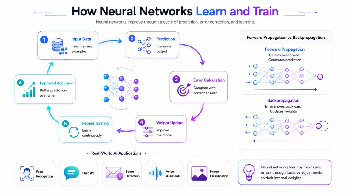 Infographic explaining how neural networks learn and train through a circular workflow including input data, prediction, error calculation, weight updates, repeat training, and improved accuracy. The design features glowing arrows, neural network visuals,