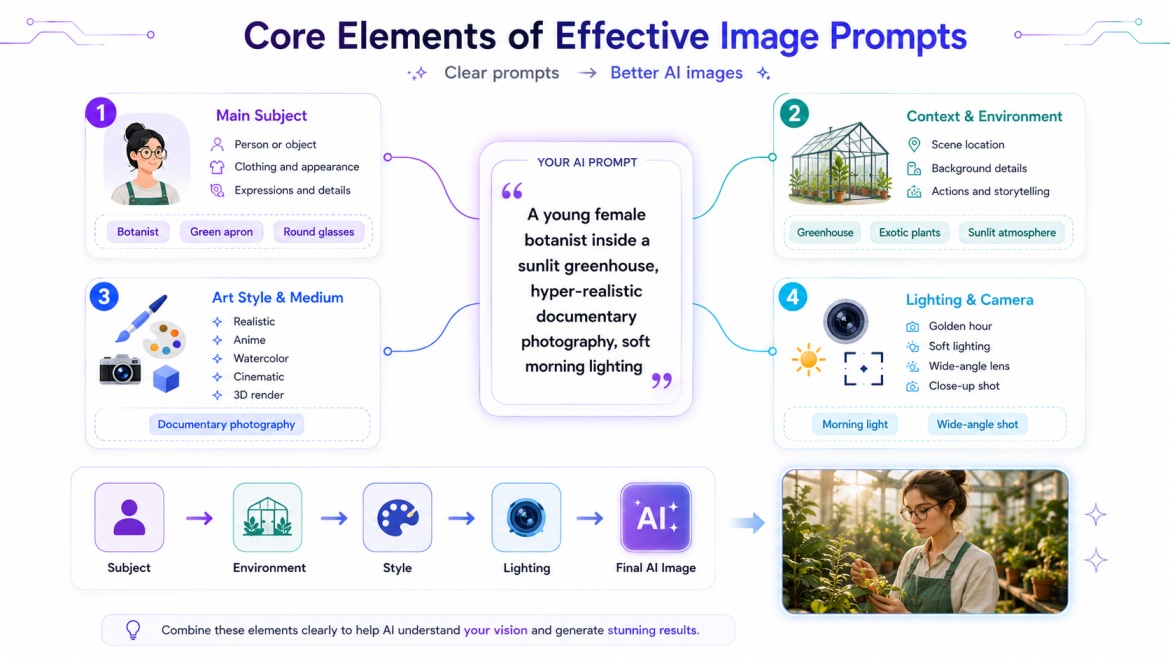 Infographic explaining the core elements of effective image prompts with a central AI prompt connected to sections for subject, environment, art style, and lighting. The design includes glowing workflow lines, modern AI visuals, and a final AI-generated i