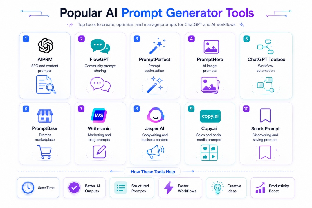 infographic showing popular ChatGPT prompt generator tools for content creation, SEO, workflow automation, AI image prompts, copywriting, and prompt optimization. The design features modern SaaS-style tool cards, glowing icons, and productivity benefits o