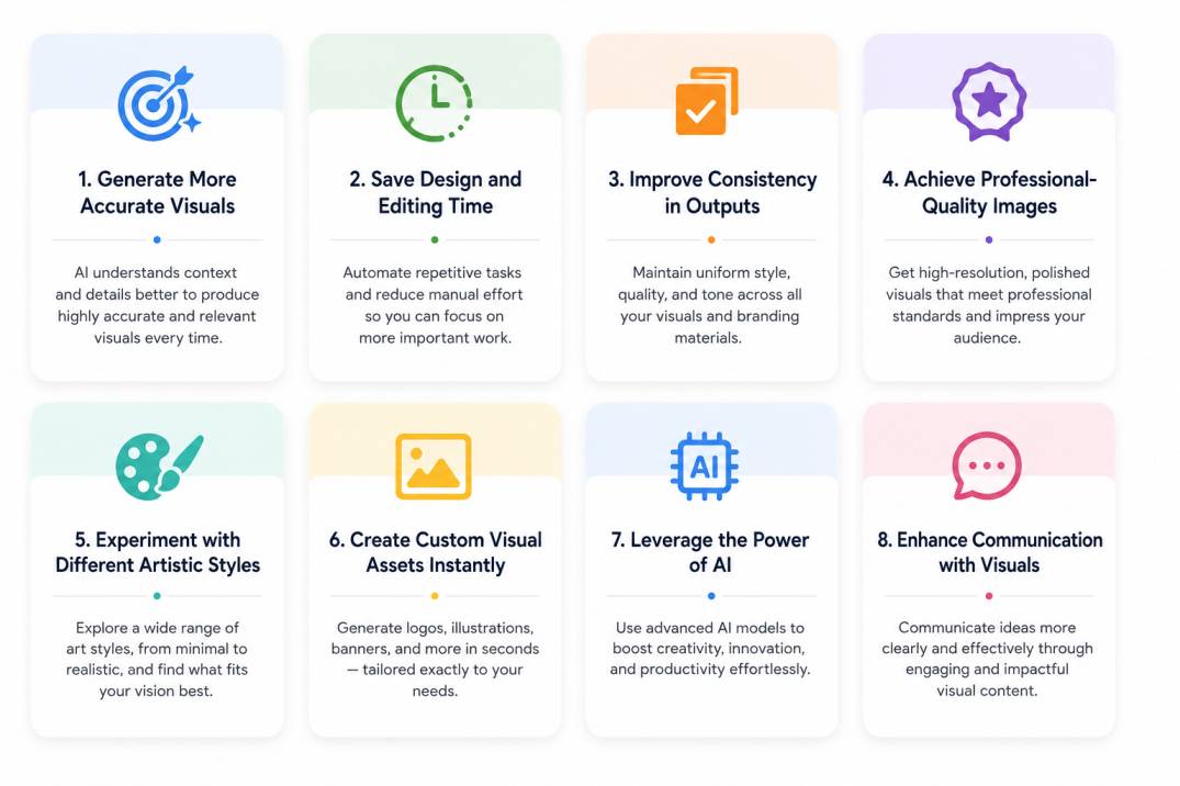 Clean educational infographic with eight pastel-colored cards arranged in a two-row grid on a white background. Each card features a flat icon, bold heading, and short text about AI-powered visual creation, design efficiency, consistency, artistic styles,