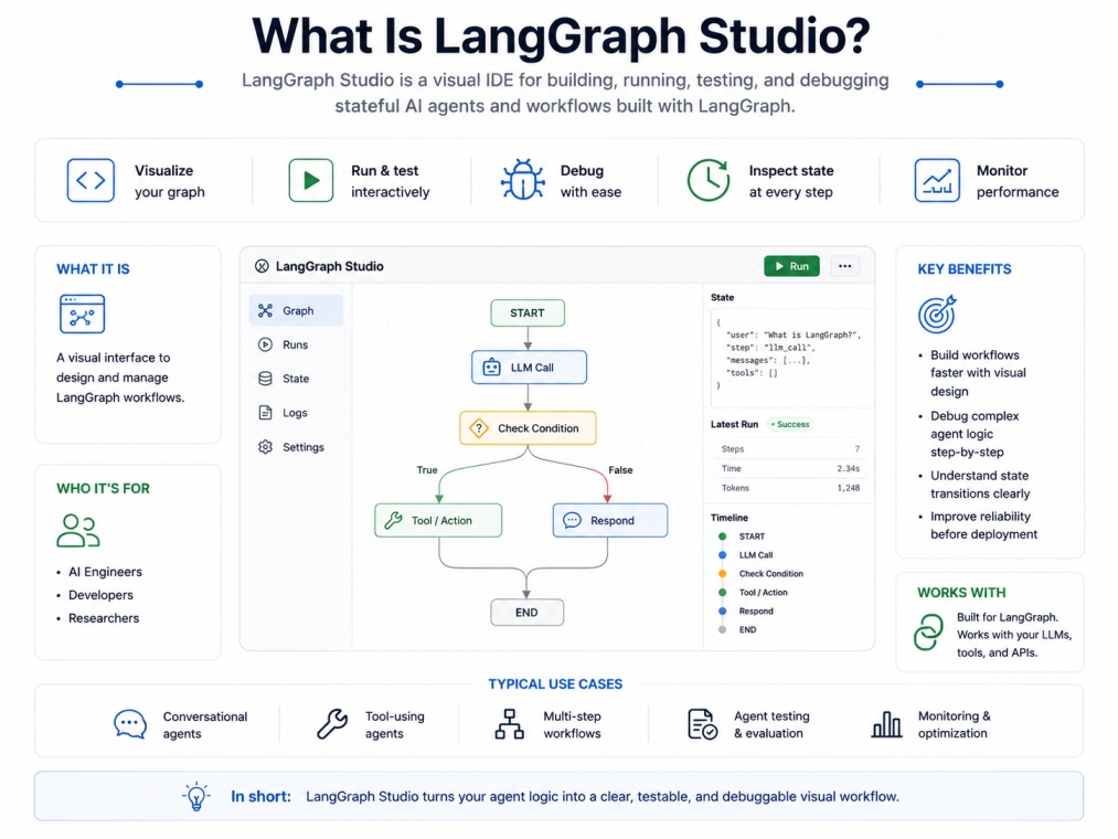 4:3 tech infographic explaining LangGraph Studio on a clean white background. The design shows a visual AI workflow editor with graph-based orchestration, debugging tools, state inspection, execution monitoring, and agent workflow testing. Modern UI panel