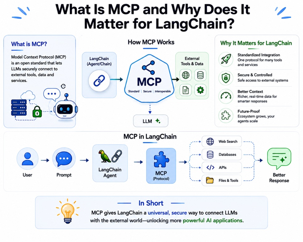 4:3 tech infographic explaining MCP and its role in LangChain on a clean white background. The design shows how the Model Context Protocol connects LangChain applications with APIs, databases, tools, and external services through standardized workflows.