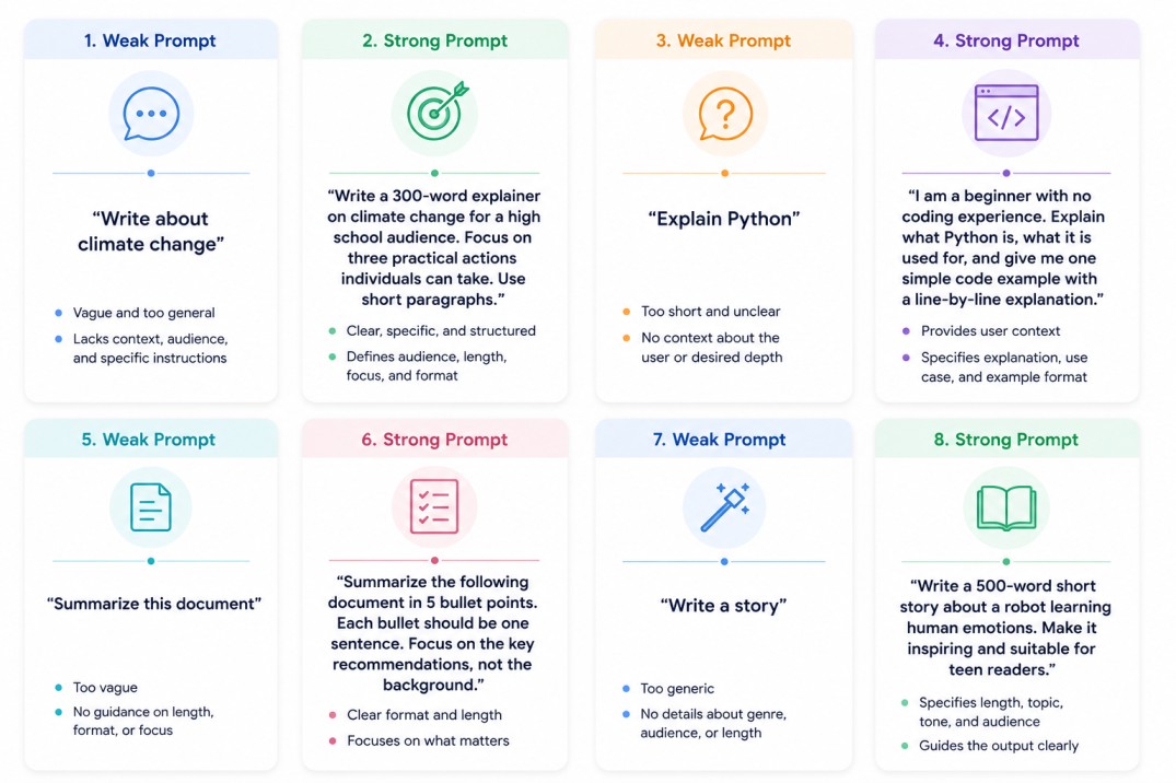 Modern educational infographic comparing weak prompts and strong prompts in AI interactions. The design features pastel-colored rounded cards arranged in a clean two-row grid on a white background. Each card includes flat icons, bold headings, short promp