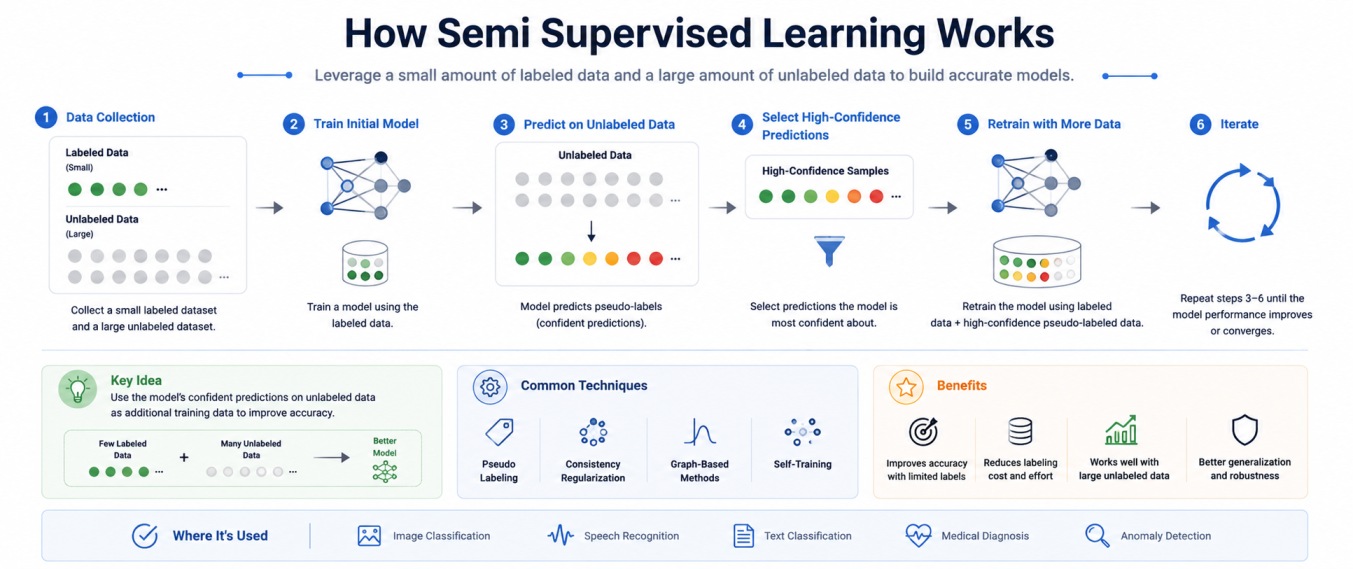 Wide 19:6 infographic explaining how semi supervised learning works on a clean white background. The design shows the workflow of combining small labeled datasets with large unlabeled datasets, predicting pseudo-labels, selecting high-confidence outputs,