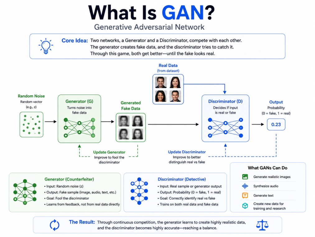 4:3 tech infographic explaining GANs on a clean white background. The design shows the interaction between the Generator and Discriminator networks using adversarial training workflows, random noise inputs, fake data generation, and real-vs-fake classific