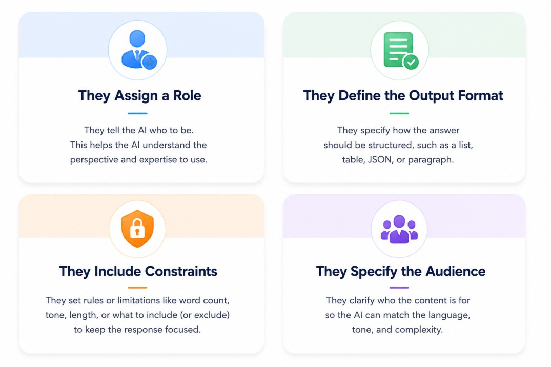 Modern educational infographic featuring four AI prompt engineering concept cards arranged in a clean grid layout on a white background. Each rounded rectangular card includes a pastel-colored header, flat-style icon, bold section title, and short explana