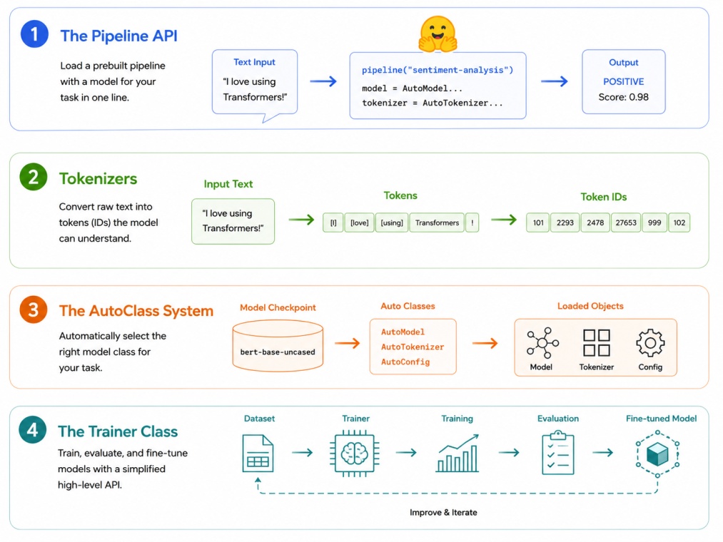 4:3 tech infographic explaining how Hugging Face Transformers work on a clean white background. The design visualizes the end-to-end workflow from text input to model output using the Pipeline API, tokenization process, AutoClass model loading system, and