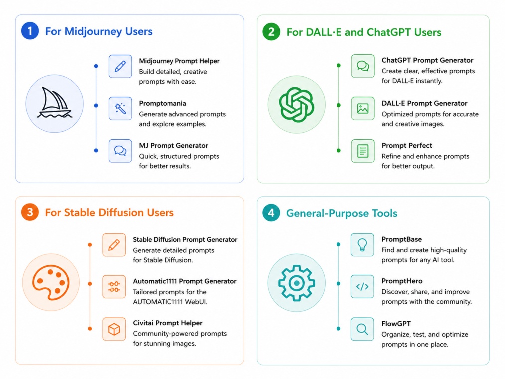4:3 tech infographic showcasing the best image prompt generator tools in 2026 on a clean white background. The design organizes tools into four categories: Midjourney-focused tools, DALL·E and ChatGPT prompt generators, Stable Diffusion prompt tools, and