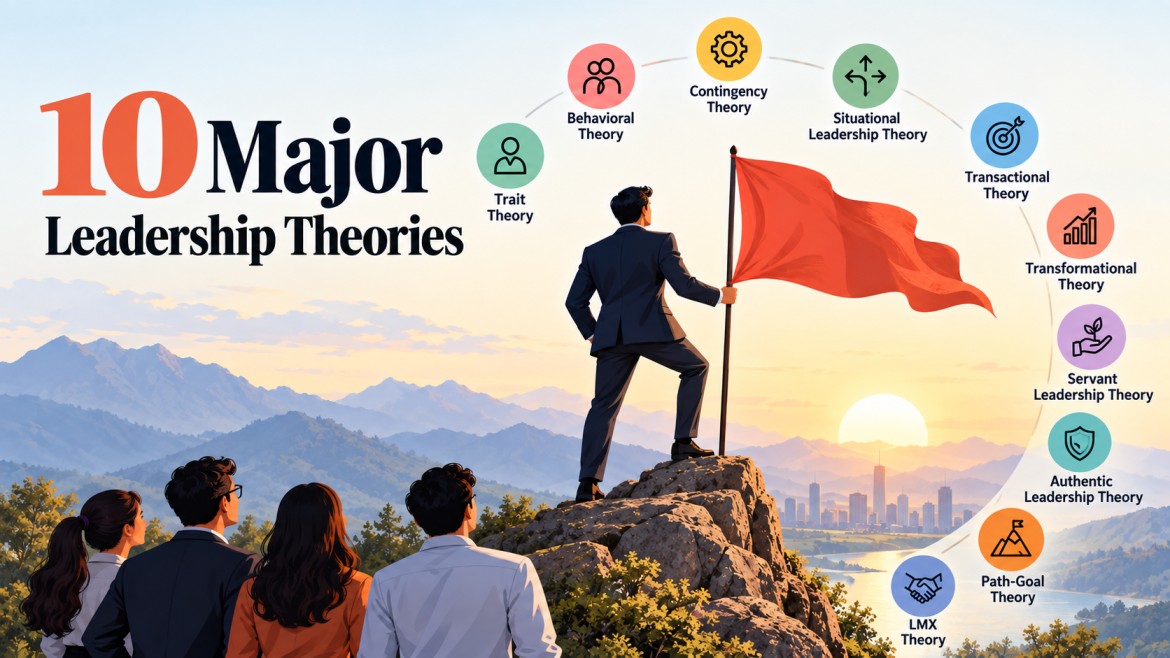 10 major leadership theories and their key workplace applications.