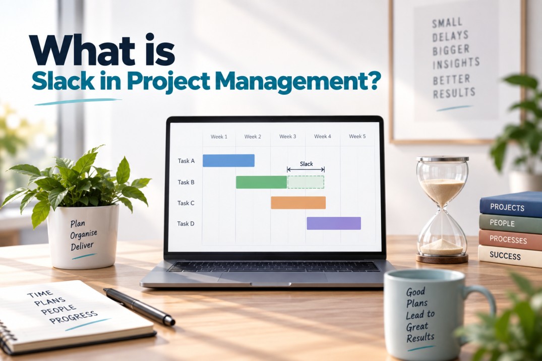 What is slack in project management infographic showing a Gantt chart with a highlighted slack period, illustrating how tasks can be delayed without affecting the project deadline.