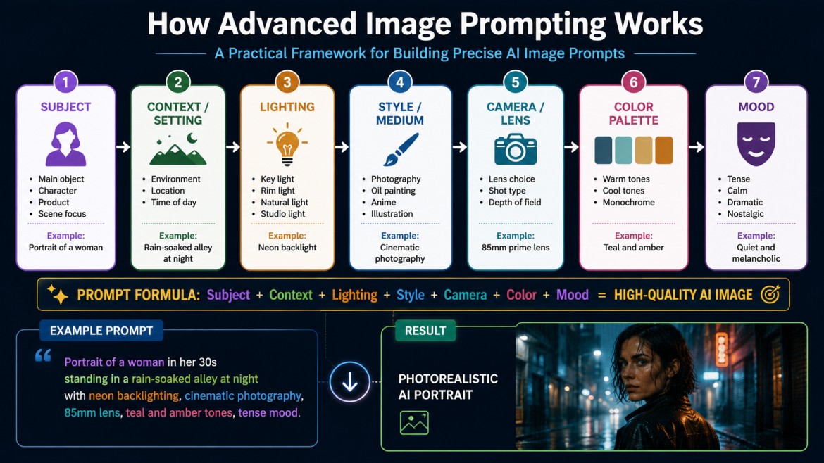 Advanced image prompting workflow infographic showing seven connected stages for creating precise AI image prompts: Subject, Context/Setting, Lighting, Style/Medium, Camera/Lens, Color Palette, and Mood. The infographic includes icons, examples for each s