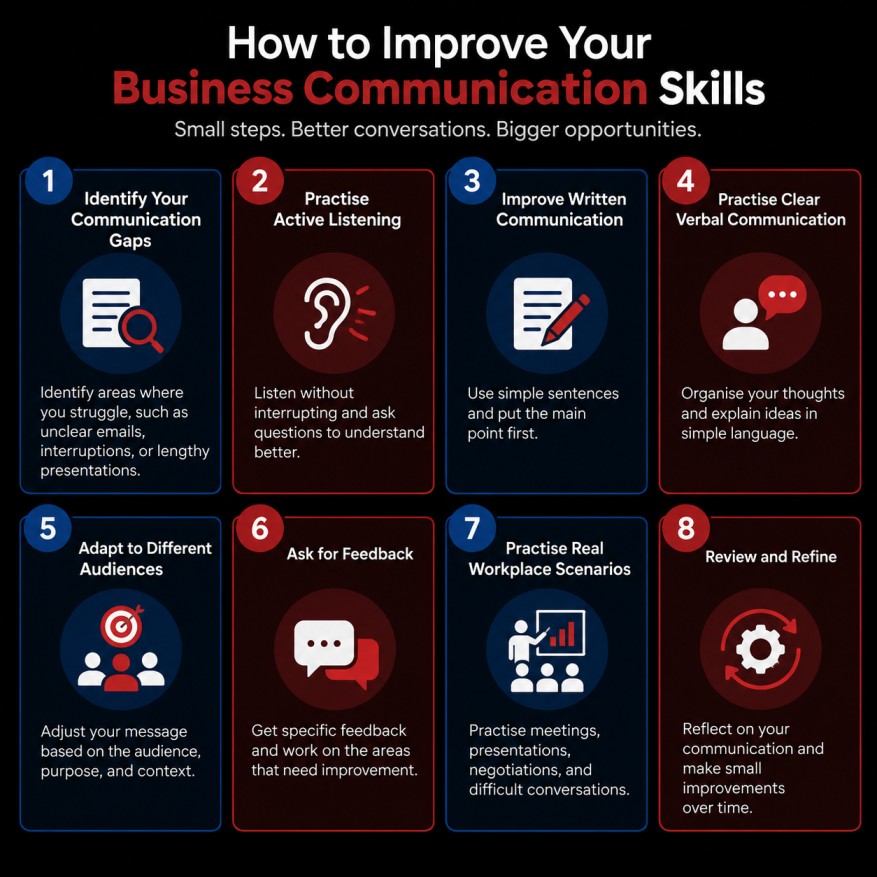 Eight steps to improve business communication skills, from identifying communication gaps and practising active listening to improving writing, adapting to audiences, seeking feedback, and reviewing progress.