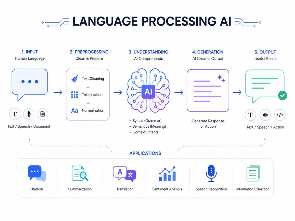A clean 4:3 tech-style infographic illustrating how Language Processing AI converts human language into meaningful outputs through text preprocessing, language understanding, AI-driven generation, and real-world applications such as chatbots, translation,