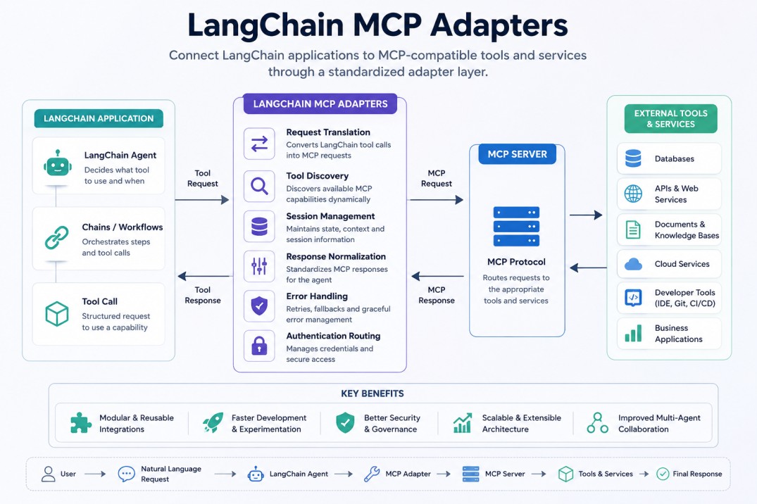 This infographic illustrates the architecture and workflow of LangChain MCP Adapters in modern AI systems. It visually explains how LangChain applications communicate with external tools and services through the Model Context Protocol (MCP). The diagram h