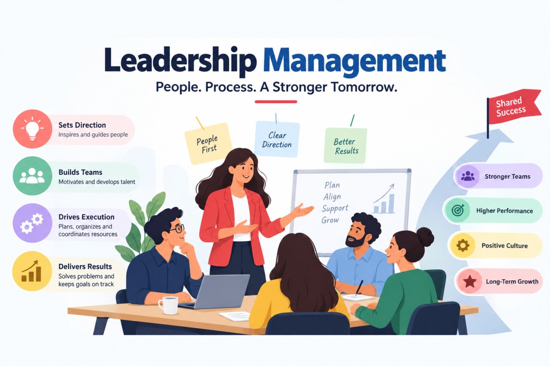 Leadership management infographic with a team collaborating.