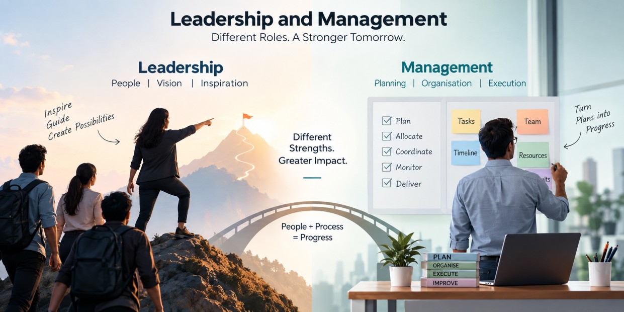 Leadership and management infographic showing leadership focused on vision and inspiration, and management focused on planning, organisation, and execution.