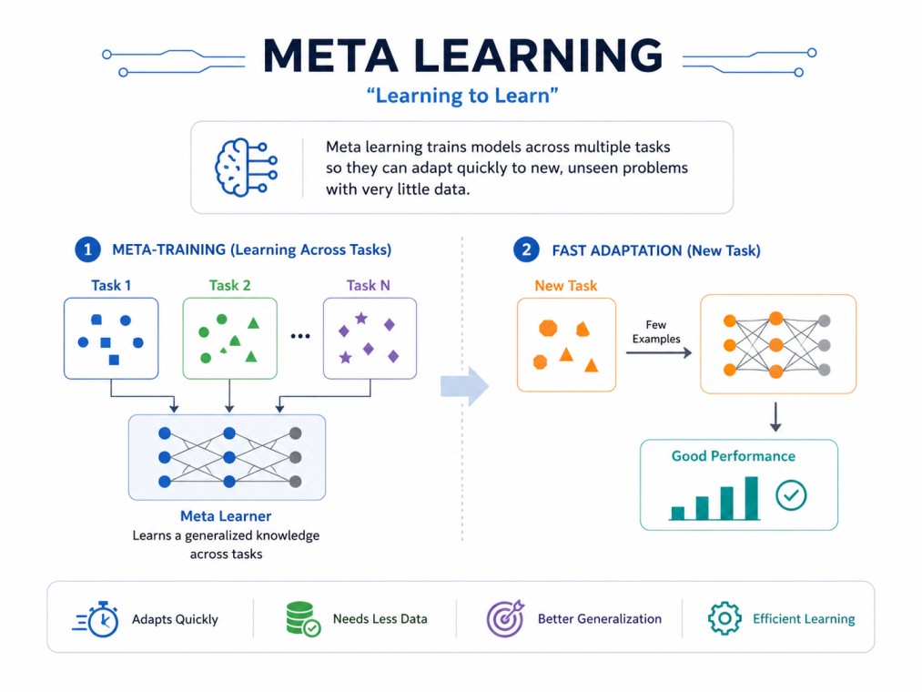 This 4:3 infographic explains the concept of Meta Learning, where AI models learn across multiple tasks to quickly adapt to new problems with minimal data.