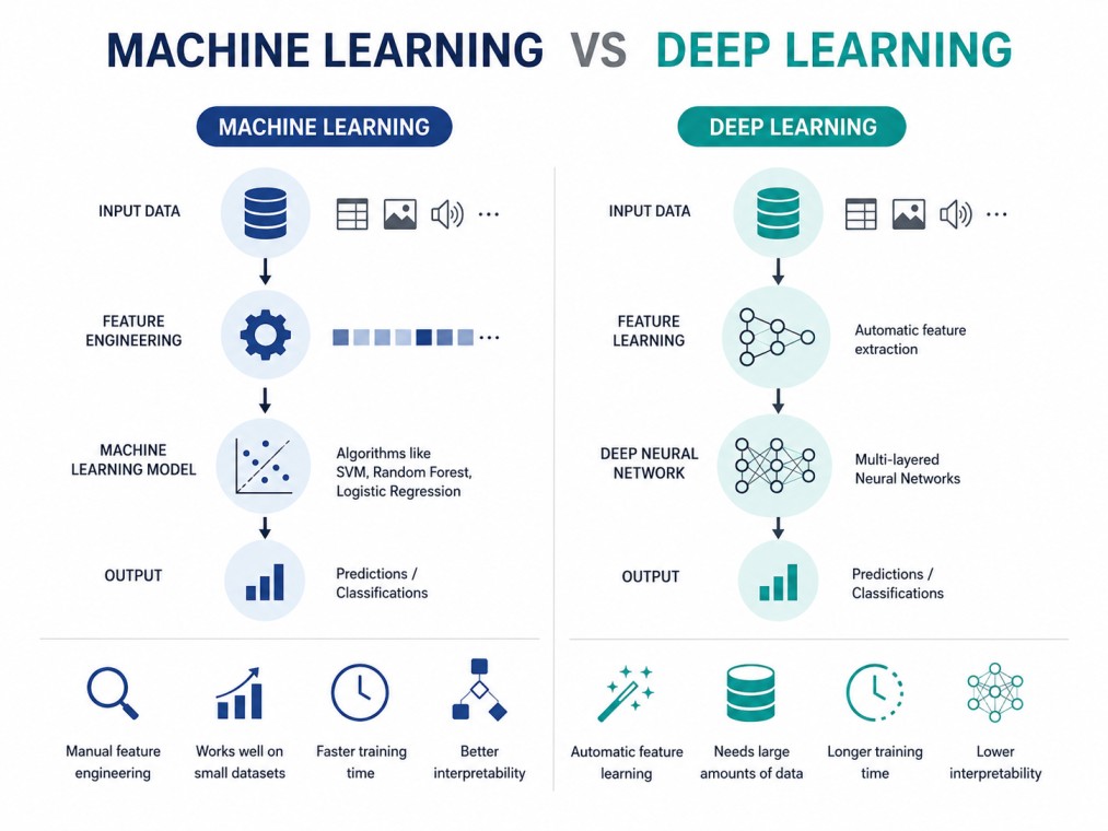 4:3 tech infographic explaining key differences between machine learning and deep learning