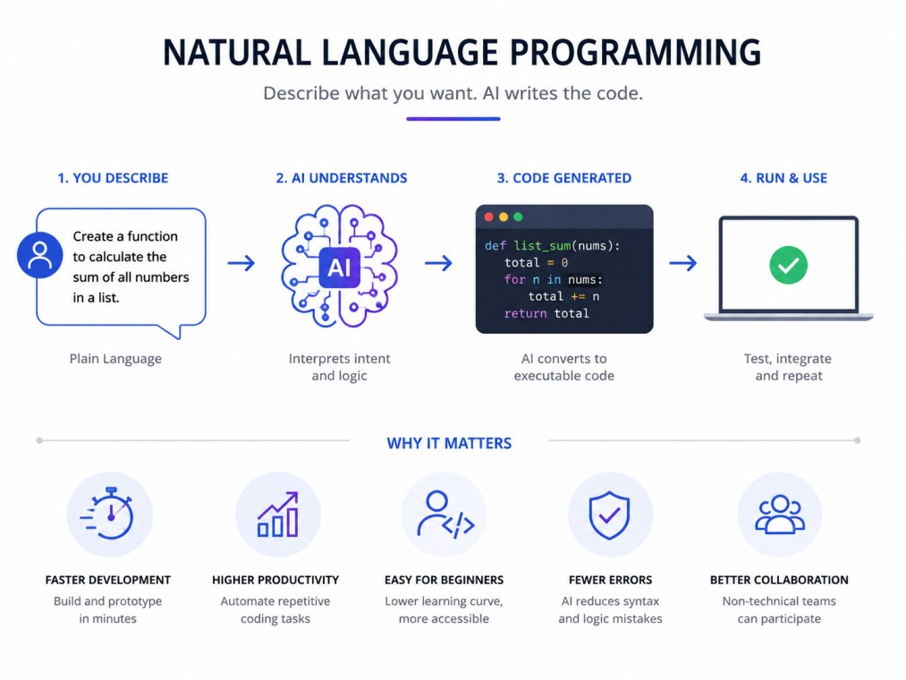 A clean, tech-inspired infographic illustrating how natural language programming converts plain-language instructions into executable code, highlighting its workflow and key benefits.