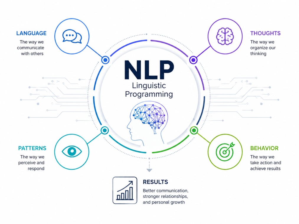 A clean, tech-inspired infographic illustrating NLP Linguistic Programming through the connection between language, thoughts, behavior, and patterns to drive effective communication and personal growth.