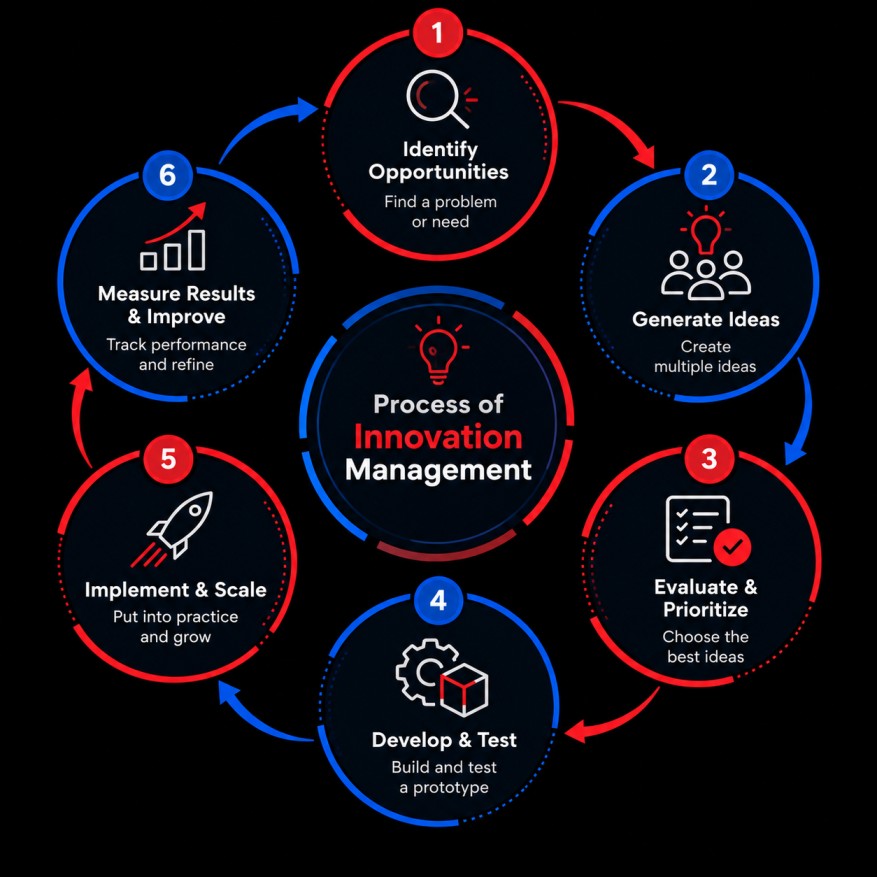 Process of innovation management shown as a six-step circular flow: identify opportunities, generate ideas, evaluate and prioritize, develop and test, implement and scale, and measure results and improve.