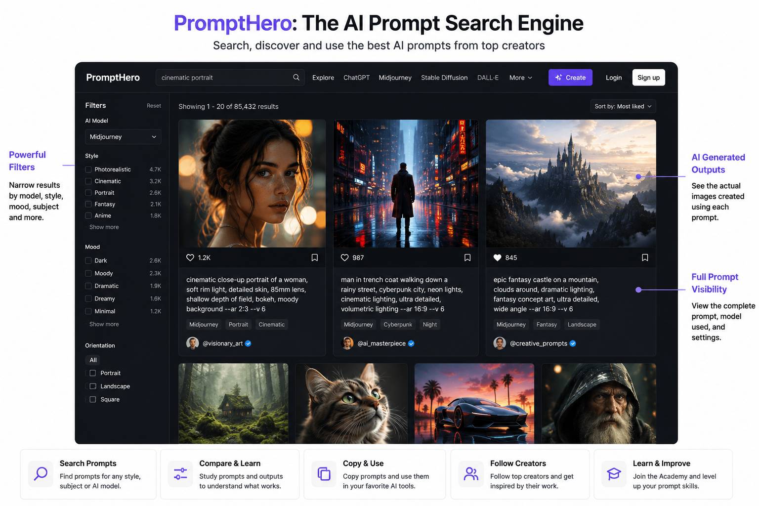 PromptHero interface showing AI prompt search results with filters, generated images, full prompts, and creator profiles for tools like Midjourney and Stable Diffusion.