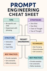 Infographic explaining Prompt Engineering with a clean white background and modern tech-style design. The visual shows how prompts interact with AI models through a step-by-step workflow: prompt input, AI processing, and generated output.