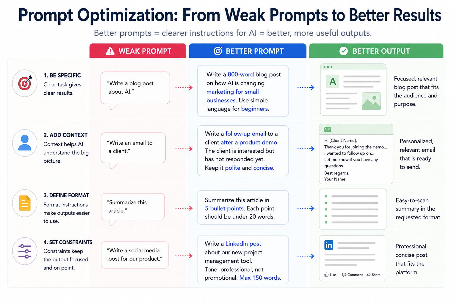 Infographic showing how prompt optimization improves AI responses by turning weak prompts into clear, structured prompts that generate better outputs.