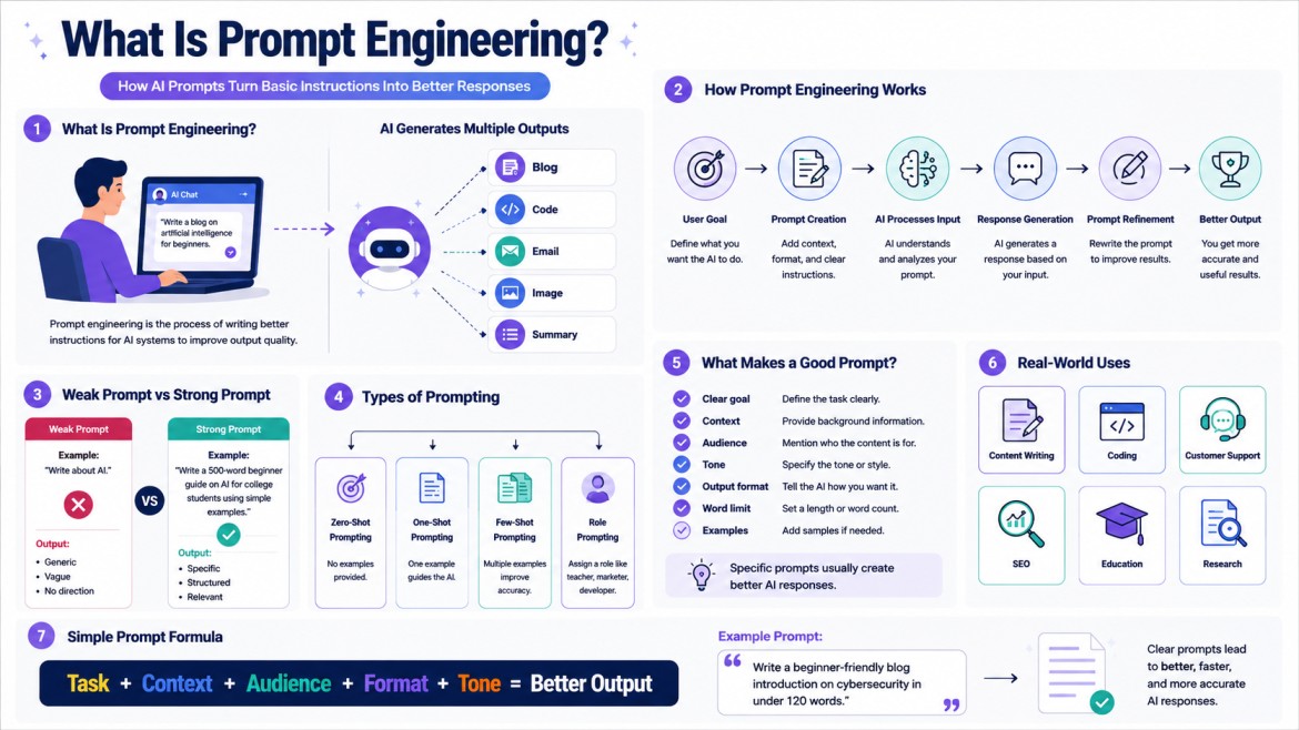 16:9 infographic titled “What Is Prompt Engineering?” explaining how AI prompts improve AI-generated responses. The infographic includes a visual introduction to prompt engineering, a step-by-step flowchart showing how prompts work, a comparison between w
