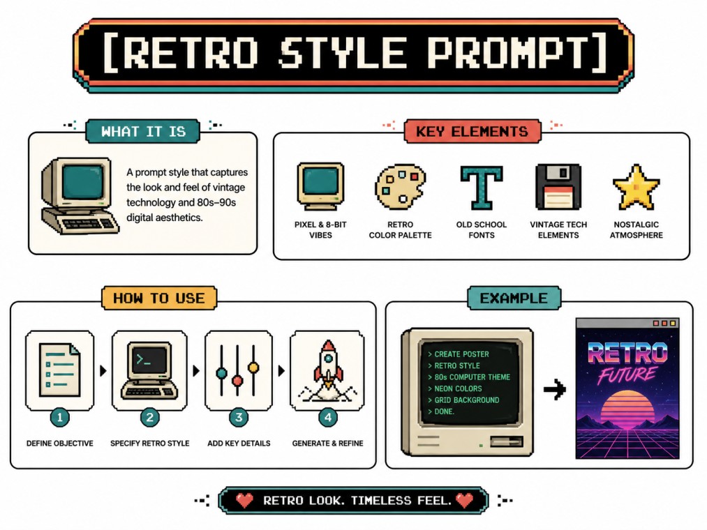 A retro-themed infographic showcasing the essential elements of writing effective prompts for generating nostalgic, vintage-inspired AI images and designs.