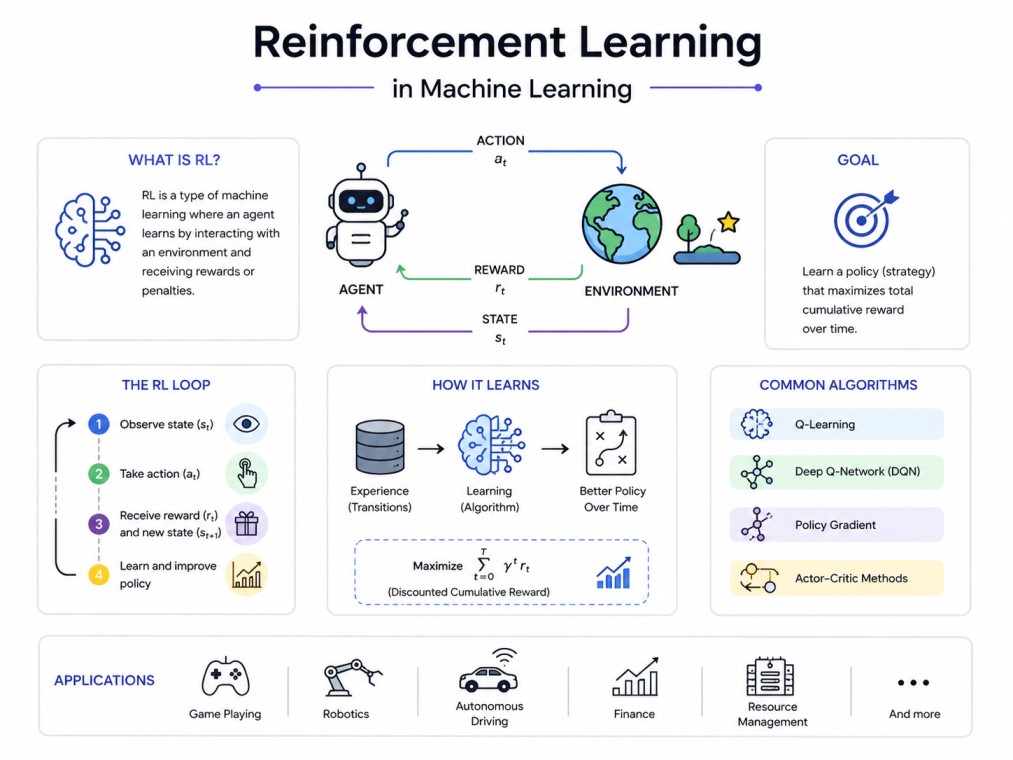 Infographic showing how reinforcement learning in machine learning works.