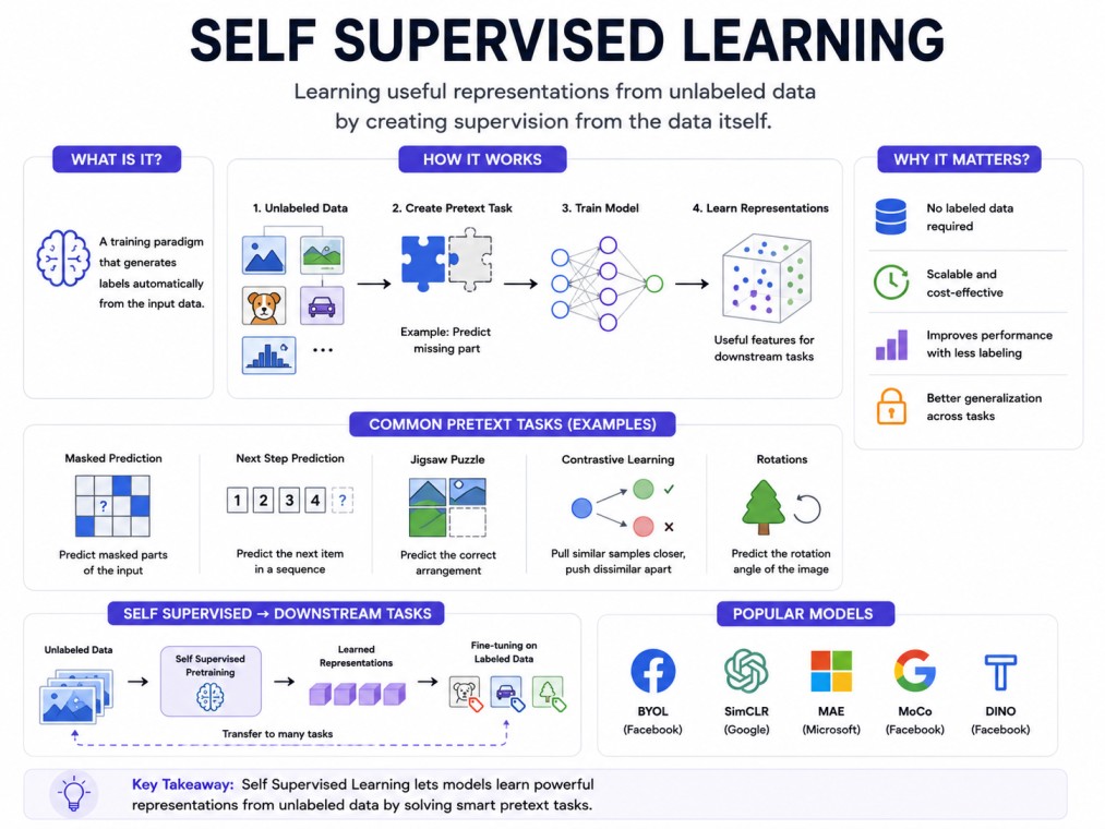 A clean, white-background 4:3 infographic that explains self-supervised learning with a simple workflow, key benefits, common pretext tasks, and popular models in a modern tech style.