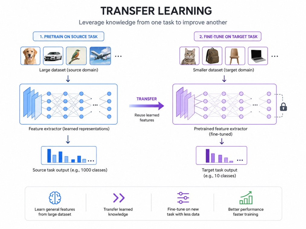 A clean infographic explaining how transfer learning reuses knowledge from a pretrained model to improve performance on a new task with less data and training time.