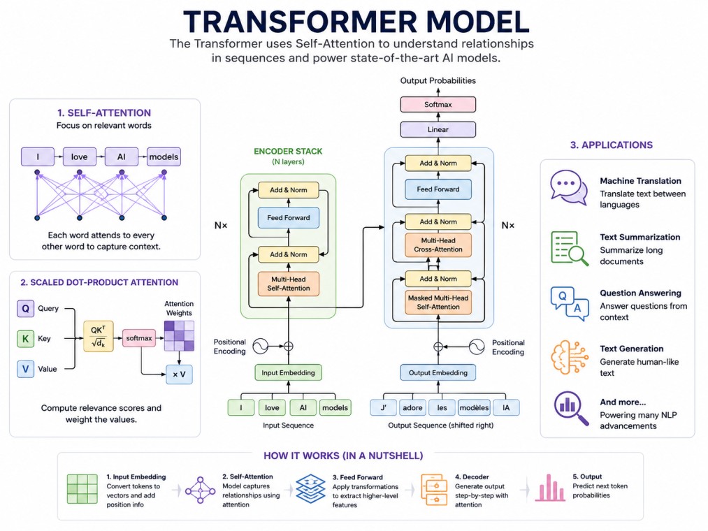 A clean white-background infographic explaining the Transformer model architecture, including self-attention, encoder-decoder layers, attention mechanism, workflow, and key NLP applications with simple technical diagrams.