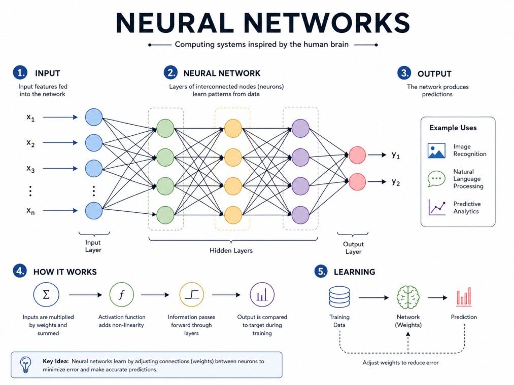 Explore the fundamentals of neural networks through this 4:3 infographic that explains how AI systems learn, process data, and make predictions.