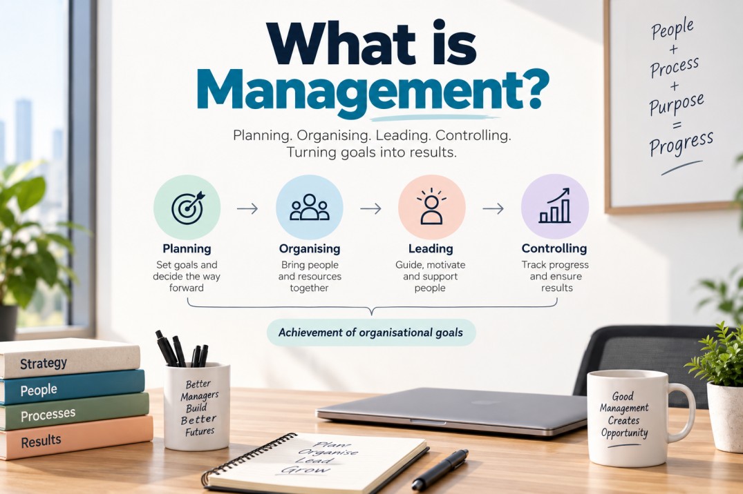 What is management infographic showing planning, organising, leading, and controlling as the four key functions that help organisations achieve their goals.