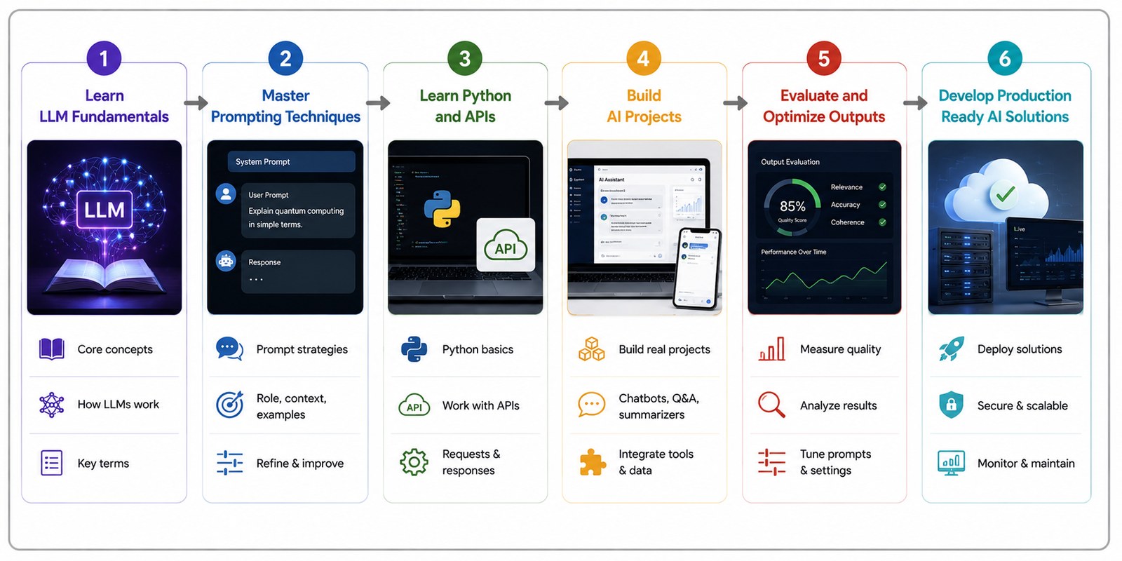Horizontal infographic showing a six step AI learning roadmap. The workflow begins with learning LLM fundamentals, followed by mastering prompting techniques, learning Python and APIs, building AI projects, evaluating and optimizing outputs, and developin