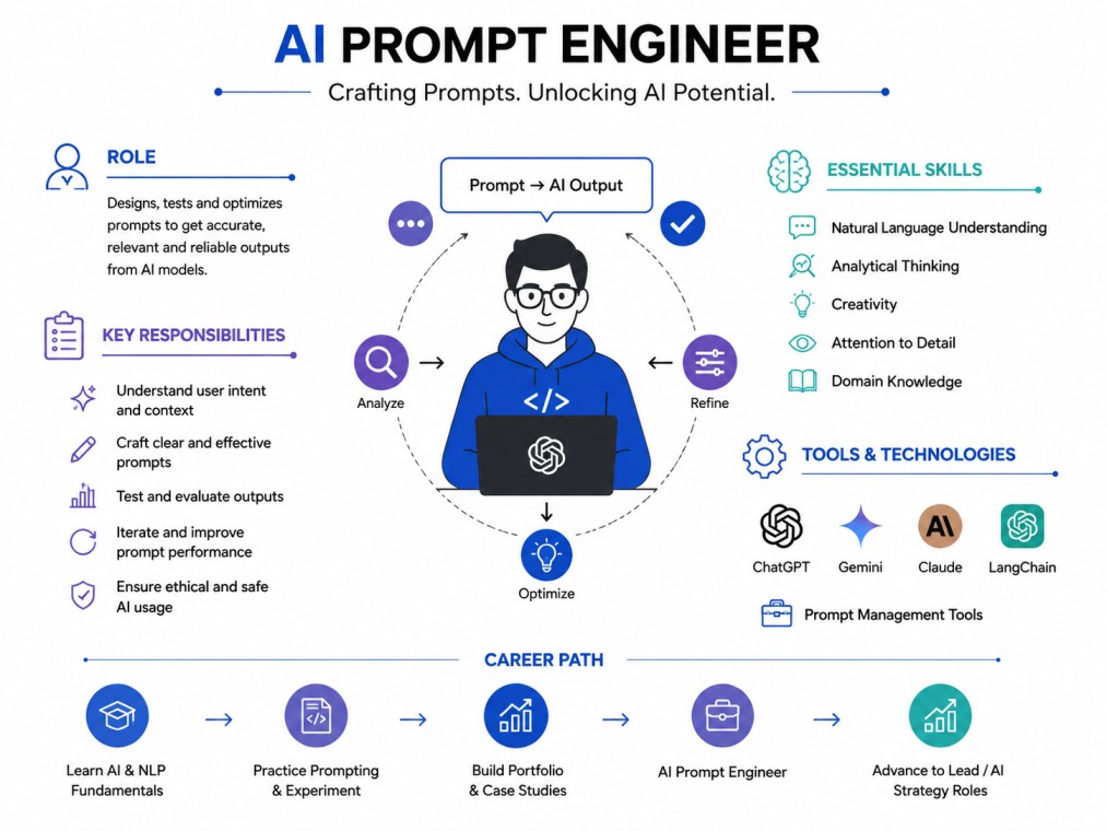 Prompt Engineering Skills infographic showing four core skills—Prompt Design, Context Engineering, AI Workflows, and Prompt Optimization—connected to a central Prompt Engineering Skills hub, displayed with icons and a black border on a white background.