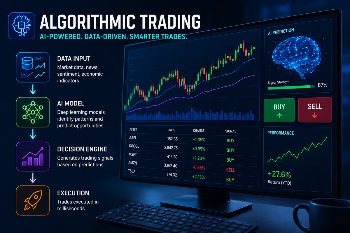 AI-powered algorithmic trading workflow showing market data analysis, deep learning model predictions, buy/sell signal generation, and automated trade execution with a real-time stock market dashboard.