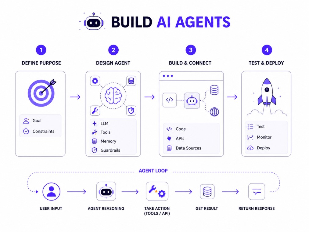 Detailed and minimalistic infographic addressing Build AI Agents