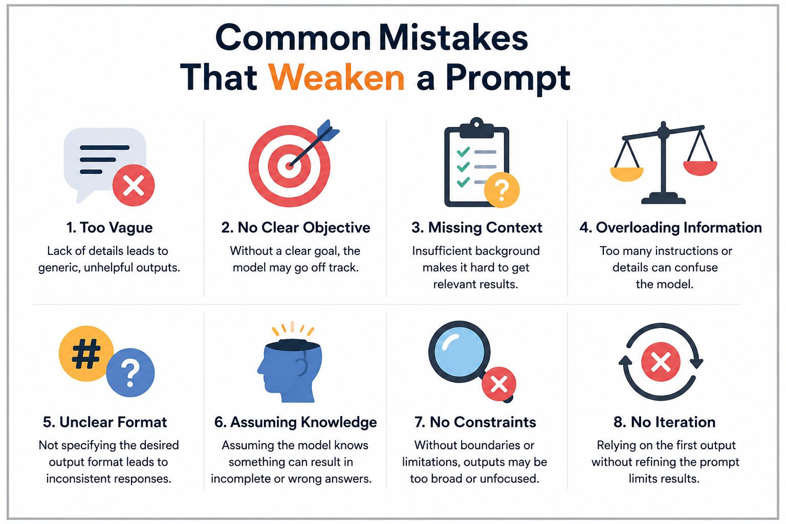 Infographic on a white background with a grey border showing common mistakes that weaken AI prompts. It highlights eight issues: being too vague, having no clear objective, missing context, overloading information, using an unclear format, assuming knowle
