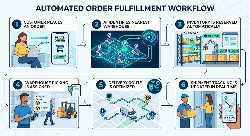 An infographic titled "Automated Order Fulfillment Workflow" showing a six-step process: (1) a customer places an order via laptop and phone; (2) AI selects the nearest warehouse on a digital map; (3) inventory is automatically reserved on shelves; (4) a